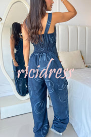 Fashion Cartoon Print Loose Round Neck Back Pleated Casual Pocket Wide Leg Jumpsuit