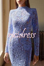 Feminine and Elegant Flower Lace Long Sleeve Bow Belted Flare Midi Dress