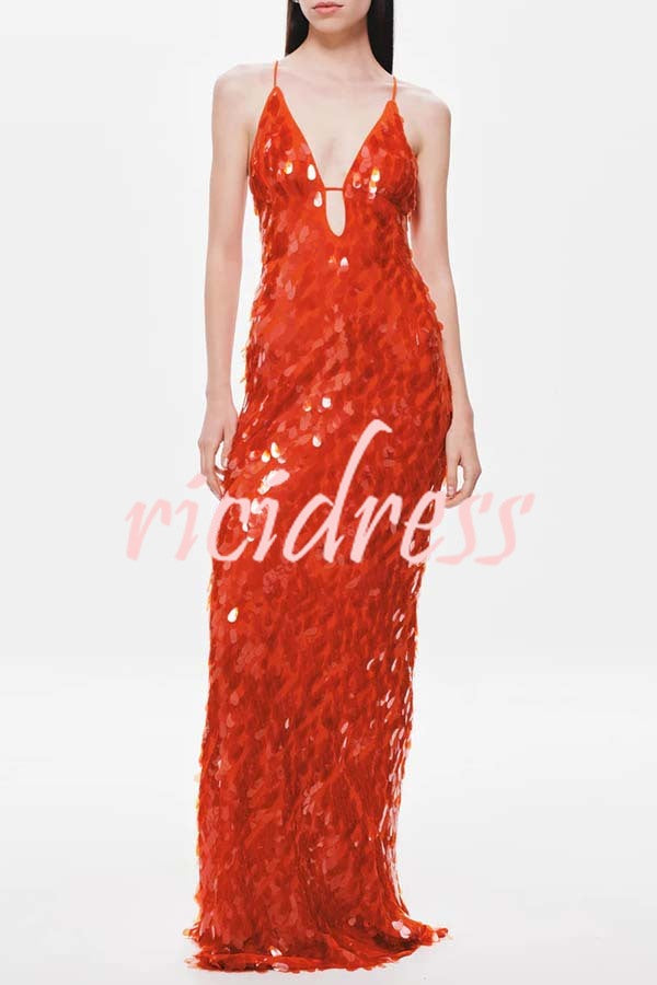Reshape Beauty Fish Scale Sequin Cutout U-neck Slip Maxi Dress