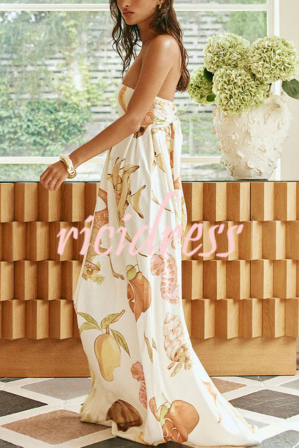 Island Time Linen Blend Unique Print Strapless Back Tie-up A-line Maxi Dress