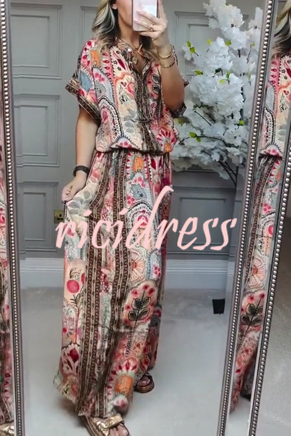 Unique Printed Loose Short-sleeved Top and Elastic Waist Casual Wide-leg Pants Set