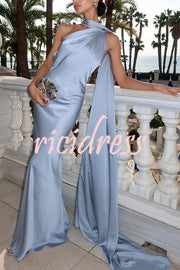 Crush on You Satin One Shoulder Backless Cape Maxi Dress