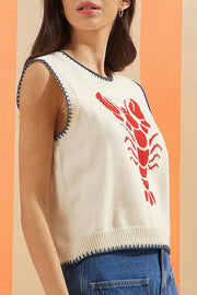Marine Life Pattern Crew Neck Sleeveless Knit Tank Top