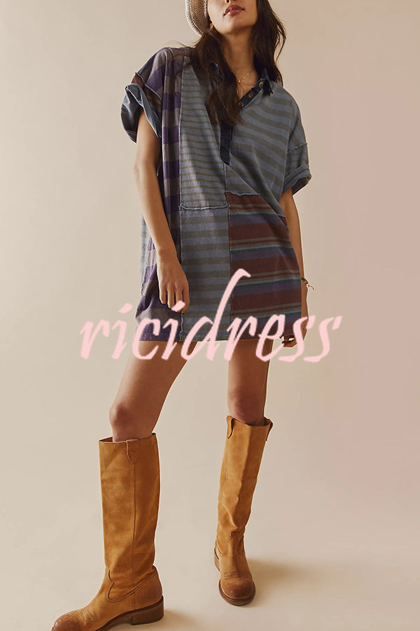 Contrast Striped Patchwork Denim Lapel Loose Casual Mini Dress