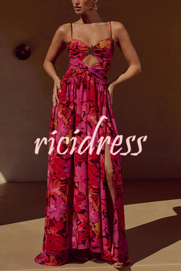 Resort Style Printed Starfish Brooch Cutout Ruched Slit Maxi Dress