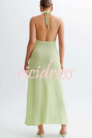 Linnie Knit Flower Pendant Halter Backless Slit Stretch Maxi Dress