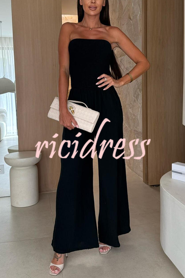 Linen Blend Solid Color Off-the-shoulder Pleated Casual Pocket Wide-leg Jumpsuit