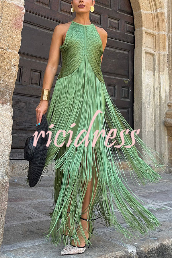 Fashion Sleeveless Halter Neck Elegant Tassel Slim Maxi Dress