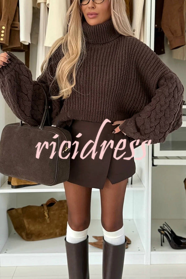 Stylish and Comfortable Ribbed Knit Turtleneck Cable Sleeve Loose Sweater