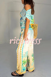 See You in Rio Tropical Fruits Print High Rise Elastic Waist Wide Leg Pants