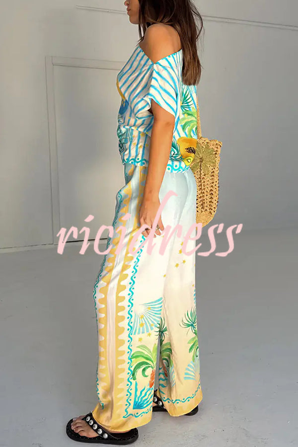 See You in Rio Tropical Fruits Print High Rise Elastic Waist Wide Leg Pants