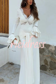 Fashion Lace Splicing Sexy V-neck Long-sleeved Slim Maxi Dress