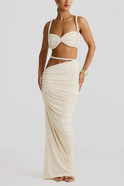 Sexy Halter Back Braided Suspender Top and Beach Holiday Style Hip-wrapped Maxi Skirt Set