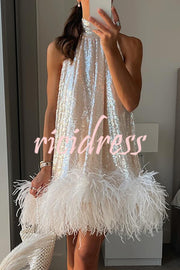 Dancefloor Elf Sequin Feather Trim High Neck A-line Mini Dress