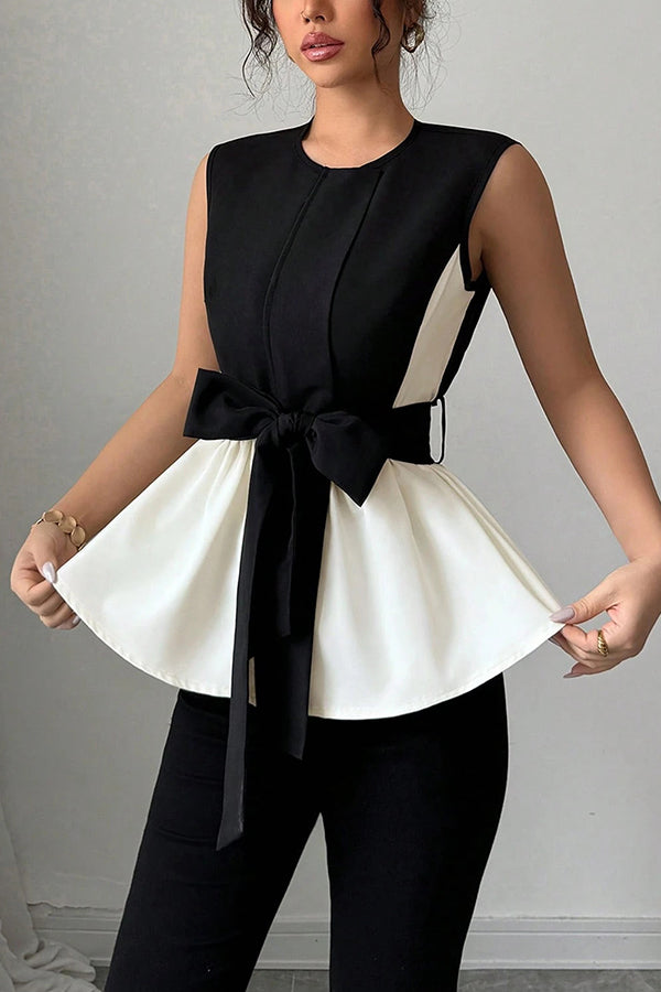 Fashionable Contrasting Color Waist Bow Ribbon Casual Top