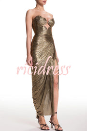 Amisha Metallic Pleated Shell Cups Hollow Gold Pendant Strapless Drape Slit Maxi Dress