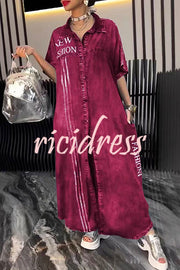 Fashion Letter Print Lapel Cardigan Loose Maxi Dress