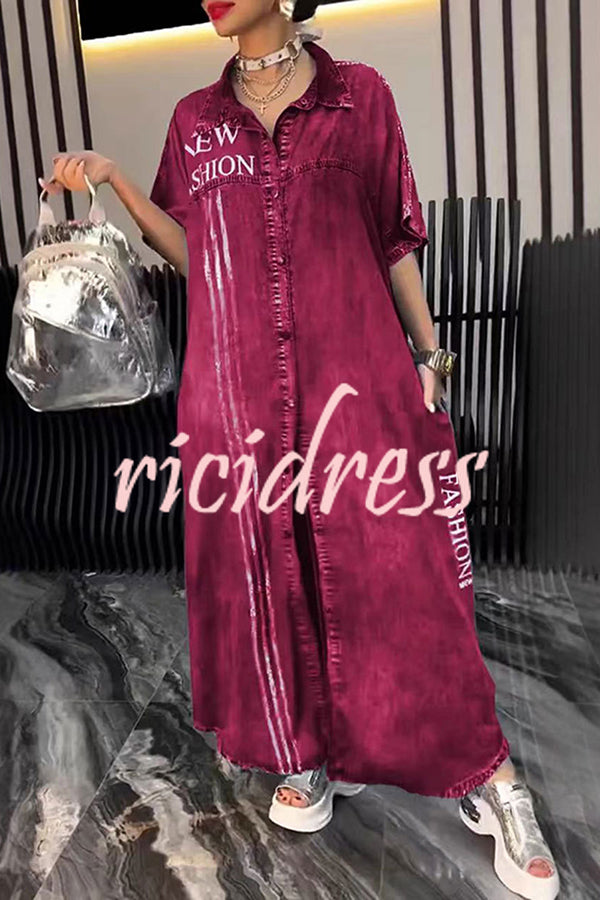 Fashion Letter Print Lapel Cardigan Loose Maxi Dress