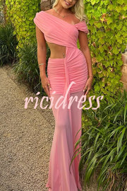 Ceilia Mesh Off Shoulder Cutout Waist Ruched Stretch Maxi Dress