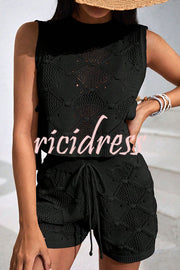 Solid Color Sleeveless Tie Knitted Vest and Loose Elastic Waist Drawstring Shorts Set