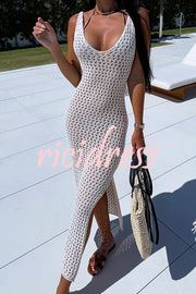 Solid Color V-neck Hollow Beach Knitted Cover-up Midi Dress