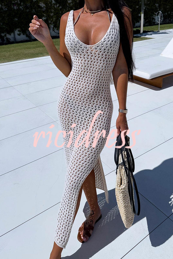 Solid Color V-neck Hollow Beach Knitted Cover-up Midi Dress