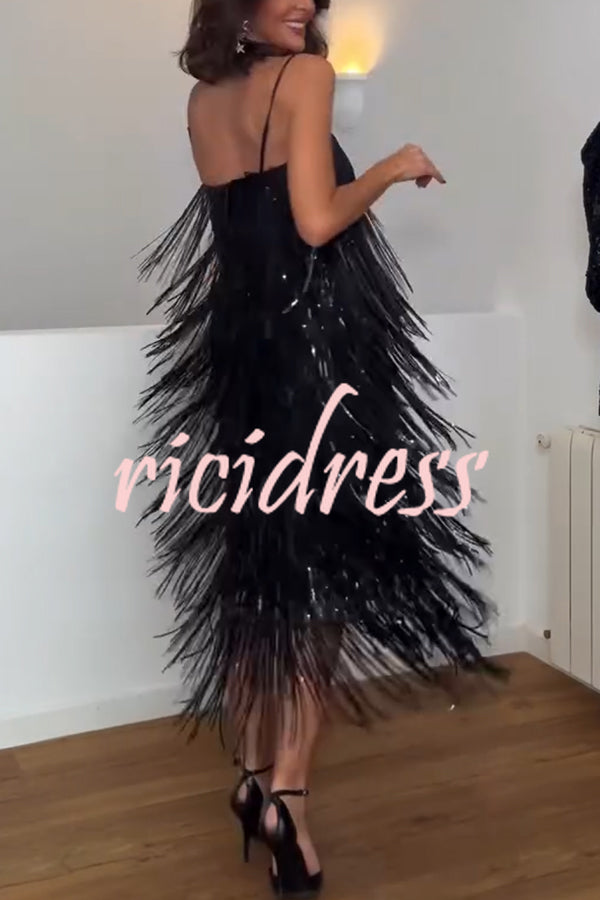 Chic Celebration Layered Sequined Tassels Slip Strapless H-line Midi Dress