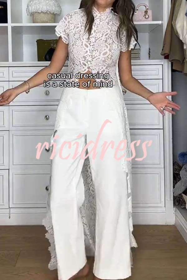 Elegant Personality Floral Lace Short Sleeve Front Slit Maxi Top