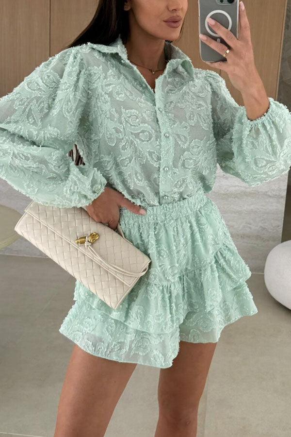 Unique Lace Texture Fabric Balloon Sleeve Blouse and Elastic Waist Layered Skirt Set