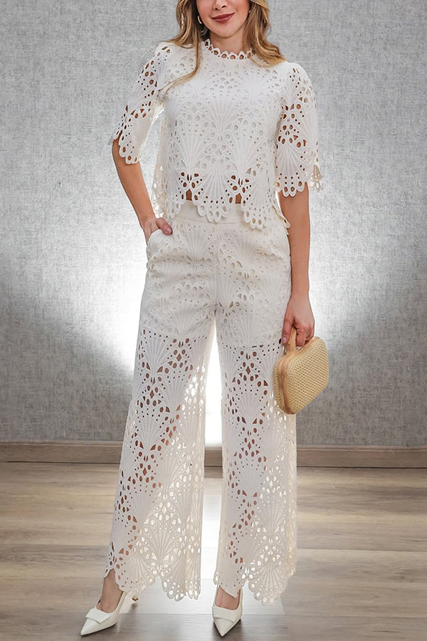 Eliose Scallop Cutout Embroidery Lace Elastic Waist Pocket Loose Pants