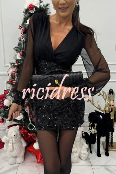 Whisper and Wine Sheer Tulle Sequin Patchwork V-neck Long Sleeve Mini Dress