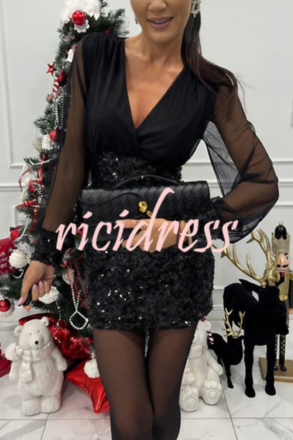Whisper and Wine Sheer Tulle Sequin Patchwork V-neck Long Sleeve Mini Dress