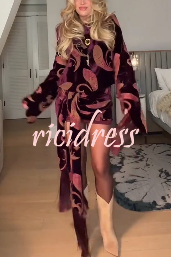 Night Out Velvet Paisley Print Long Sleeve Tie-up Tassel Loose Mini Dress