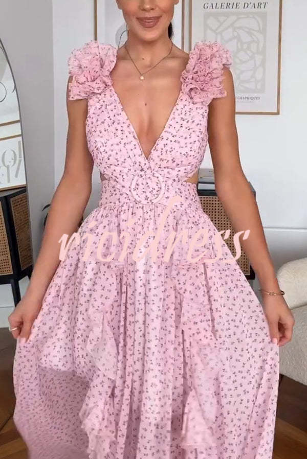 Wedding Dreams Chiffon Printed Flutter Sleeve Cutout Back Lace-up Maxi Dress