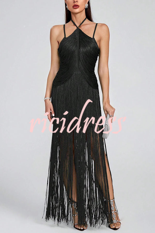 Sexy Halterneck Open Back Elegant Tassel Slim Maxi Dress