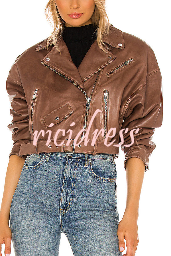 Fashion Lapel Long Sleeve Casual Zipper Pocket Leather Jacket