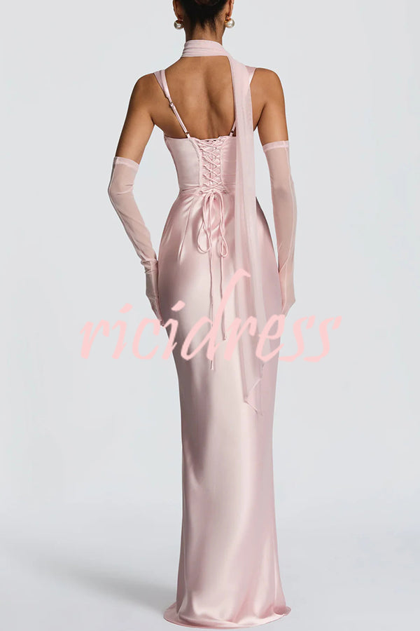 Calanthe Satin Square Neck Ruched Back Lace-up Drape Mesh Scarf Maxi Dress