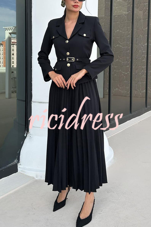 Solid Color Lapel Button Belt Blazer and Pleated Casual Maxi Skirt Set
