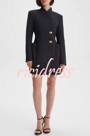 Kayleen Stand V-neck Decorative Metal Button Long Sleeve Pocket Blazer Mini Dress