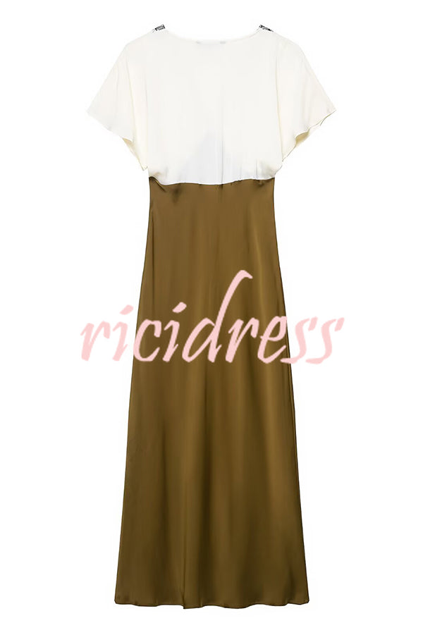 Fashionable Contrast Color V-neck Lace Stitching Maxi Dress