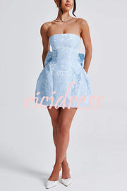 Palace Style Jacquard Fabric Off Shoulder Backless Lace-up Bow Mini Dress