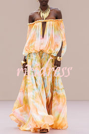 Gorgeous 70s Dream Tie-dye Print Off Shoulder Braid Cutout Detail Drape Maxi Dress