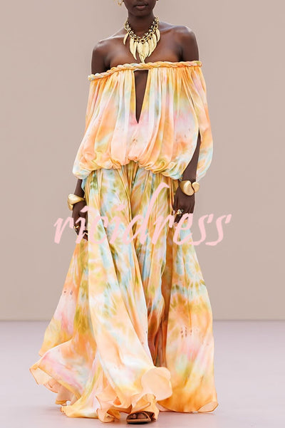 Gorgeous 70s Dream Tie-dye Print Off Shoulder Braid Cutout Detail Drape Maxi Dress
