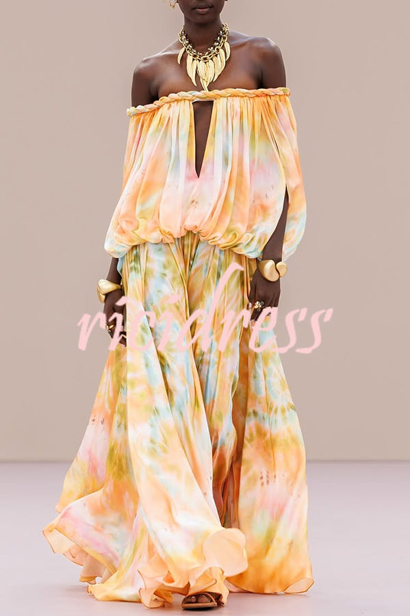 Gorgeous 70s Dream Tie-dye Print Off Shoulder Braid Cutout Detail Drape Maxi Dress