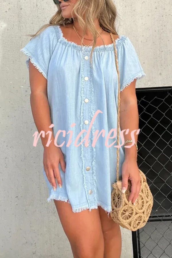 Fashionable Off Shoulder Short-sleeved Loose Denim Mini Dress