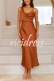 Satin Solid Color Elegant Sling Waist Open Back Maxi Dress