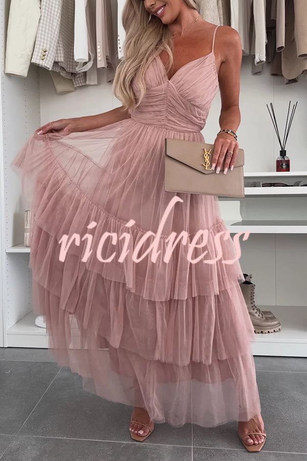 Romantic Movie Tulle Ruched Tiered Hem Slip Maxi Dress