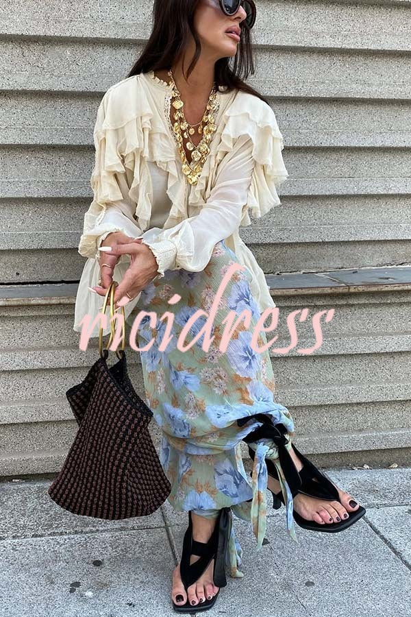 Autumn Boho Chiffon Floral Print Elastic Waist Tie-up Hem Balloon Pants