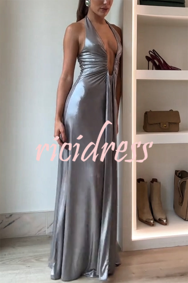 Sexy Silhouette Metallic Fabric Deep U-neck Halter Waterfall Sash Drape Maxi Dress