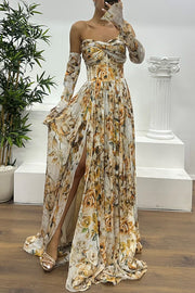 Reina Chiffon Floral Print Pleated Bodice Split Sleeve Strapless Slit Maxi Dress